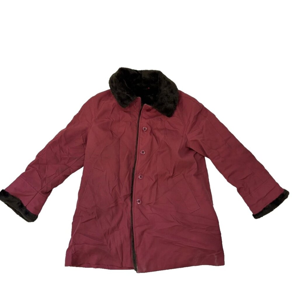 Vintage ILGWU Faux Fur Lined Winter Coat Womens Size 16 Burgundy USA Union Label